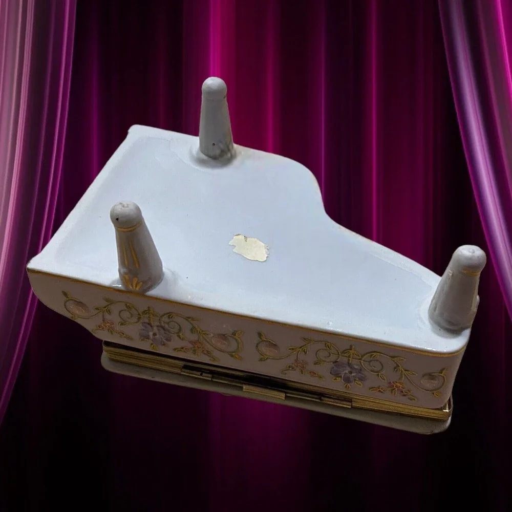 Vintage Piano Trinket Box Jewelry Japan Raised Embellished Floral Gold Trim